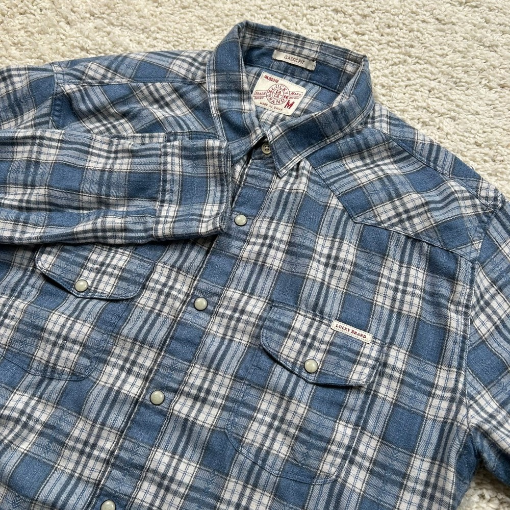 Lucky Brand Western Snap Shirt Medium Blue Plaid Classic Fit Pearl Snap Button